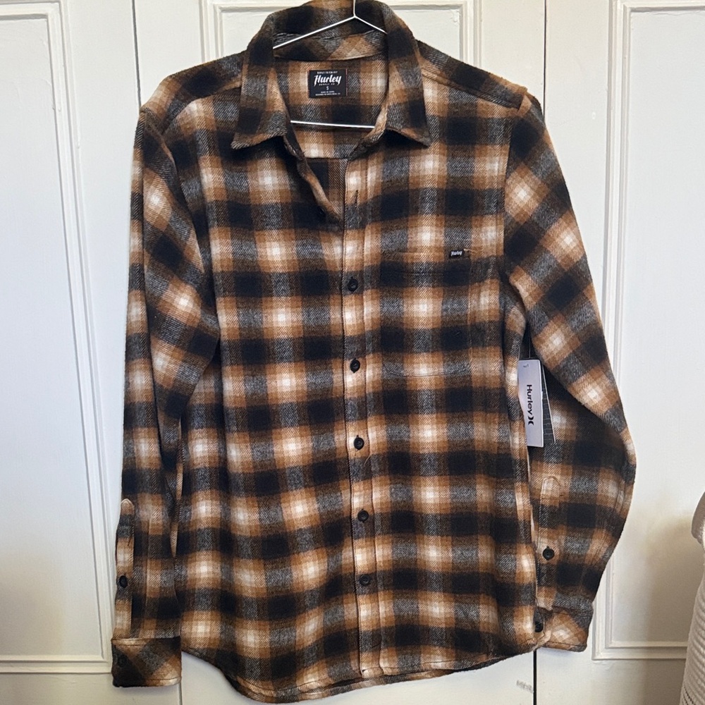 Hurley Men's Plaid Button-Down Shirt - Black and Tan